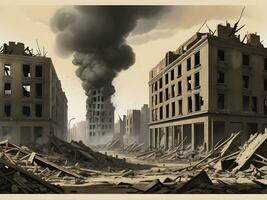 illustration of bombed buildings in conflict War fire and destruction ai generate photo