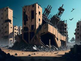 illustration of bombed buildings in conflict War fire and destruction ai generate photo