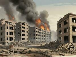 illustration of bombed buildings in conflict War fire and destruction ai generate photo