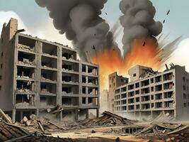 illustration of bombed buildings in conflict War fire and destruction ai generate photo