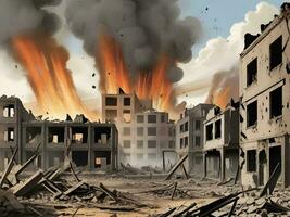 ilustración de bombardeado edificios en conflicto guerra fuego y destrucción ai generar foto