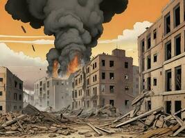 illustration of bombed buildings in conflict War fire and destruction ai generate photo