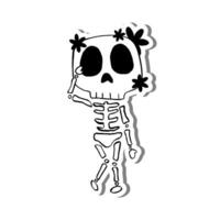 Cute cartoon Skeleton with Flowers on white silhouette and gray shadow. Vector illustration about halloween.
