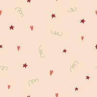 Festive vector pattern with stars and hearts on a beige background.