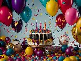 Birthday celebration with colorful balloons, a cake, and a glittering confetti-covered background ai generate photo