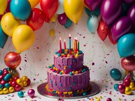 Birthday celebration with colorful balloons, a cake, and a glittering confetti-covered background ai generate photo