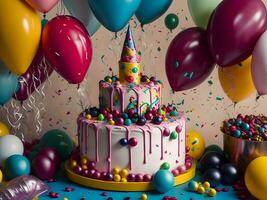 Birthday celebration with colorful balloons, a cake, and a glittering confetti-covered background ai generate photo