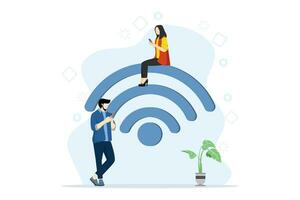mobile network concept, wireless Internet connection technology. Wi-Fi illustration. People use devices to connect Internet network Modern flat vector illustration for poster, banner.