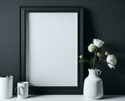 blanco blanco marco Bosquejo con negro frontera en pared y flor ai generar foto