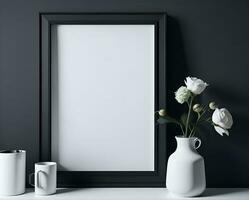 White blank frame mockup with black border on wall and flower ai generate photo