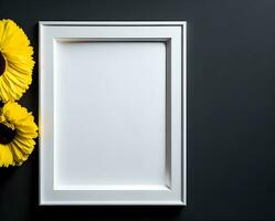 White blank frame mockup on yellow wall and flower ai generate photo