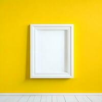 White blank frame mockup on yellow wall and flower ai generate photo