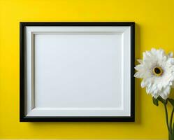 White blank frame mockup on yellow wall and flower ai generate photo