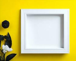 White blank frame mockup on yellow wall and flower ai generate photo