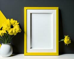 White blank frame mockup on yellow wall and flower ai generate photo