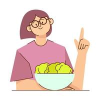 Flat lay vegetarian woman with bowl of broccoli vector