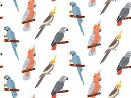 Parrots, exotic seamless pattern. Endless tropical background, jungle birds. Repeating print design. Colored flat vector illustration for textile, wallpaper.