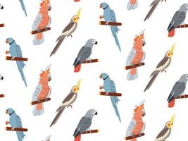 Parrots, exotic seamless pattern. Endless tropical background, jungle birds. Repeating print design. Colored flat vector illustration for textile, wallpaper.