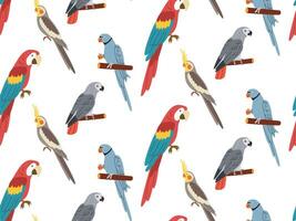 Parrots, exotic seamless pattern. Endless tropical background, jungle birds. Repeating print design. Colored flat vector illustration for textile, wallpaper.