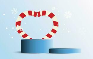 Blue Christmas podium decorated with candy cane and snowflakes. Empty cylinder mockup background image concept. Vector for design sales and product advertising materials.