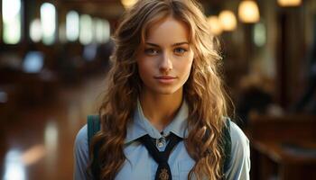 A confident young woman with brown hair smiling at the camera generated by AI photo