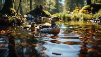 un hermosa Pato nada en un tranquilo estanque rodeado por naturaleza generado por ai foto