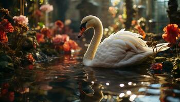 Swan elegance reflected in tranquil pond, surrounded by nature beauty generated by AI photo