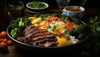 Grilled meat and vegetables on a gourmet plate for lunch generated by AI photo