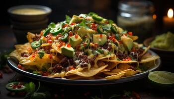 Freshness and spice on a plate, guacamole taco, gourmet meal generated by AI photo