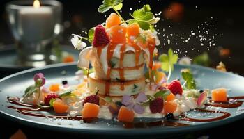 Freshness and sweetness on a plate, gourmet dessert with fruit generated by AI photo