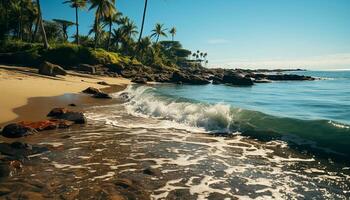 Tropical sunset paints tranquil waters, palm trees sway in beauty generated by AI photo