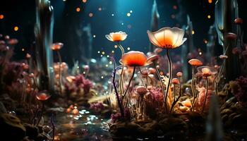 Underwater plant blooms in multi colored beauty, surrounded by aquatic life generated by AI photo