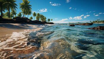 A tranquil tropical coastline, with palm trees and crystal clear waters generated by AI photo