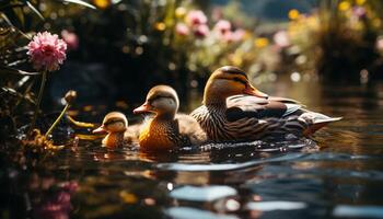 A cute duckling quacking in the pond, surrounded by nature generated by AI photo