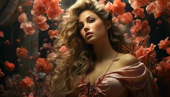 A beautiful young woman with long curly hair and a flower generated by AI photo