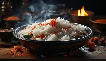 Fresh, healthy meal steamed basmati rice with grilled vegetables and pork generated by AI photo