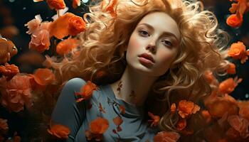 un hermosa rubio mujer con Rizado pelo y un flor generado por ai foto