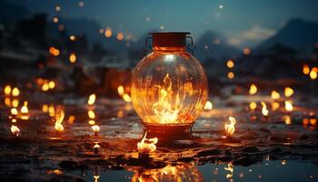 Flame glowing, candle burning, lantern lighting, night illuminated, heat temperature generated by AI photo