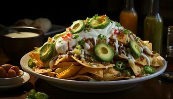 Fresh guacamole on a gourmet taco, a healthy Mexican appetizer generated by AI photo