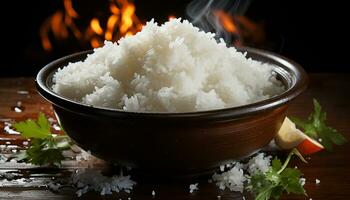 Freshly cooked vegetarian rice served in a rustic wooden bowl generated by AI photo