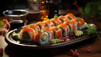 Fresh seafood on plate, close up of healthy sushi meal generated by AI photo