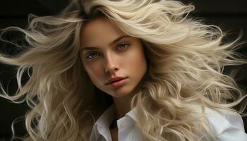 un hermosa joven mujer con largo rubio pelo y elegancia generado por ai foto