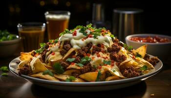 A gourmet meal of beef taco on a wooden plate generated by AI photo