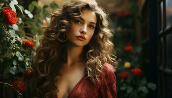 A beautiful young woman with long curly hair, looking at camera generated by AI photo