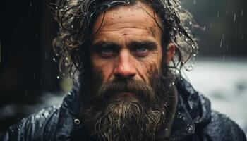 A bearded man in winter rain, looking confidently at camera generated by AI photo
