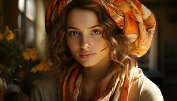 sonriente joven mujer, al aire libre en otoño, mirando a cámara con confianza generado por ai foto