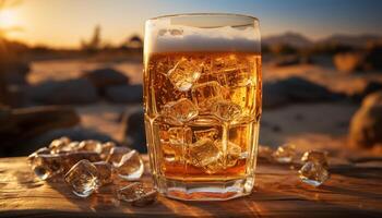 Whiskey glass on table, ice melting, sunset, nature golden refreshment generated by AI photo