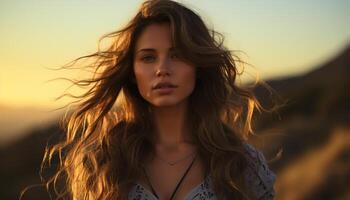 Young woman with long brown hair enjoying the sunset outdoors generated by AI photo