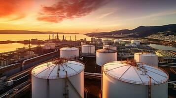 petróleo tanques a puesta de sol en un industrial área. ai generativo foto