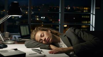 un mujer dormido en un escritorio a noche. ai generativo foto